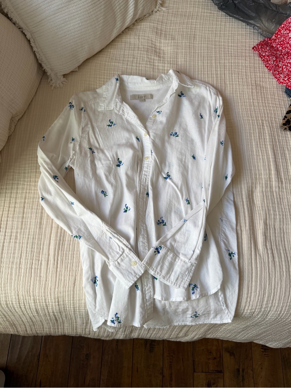 LOFT White Button-Down Shirt with Blue Floral Print